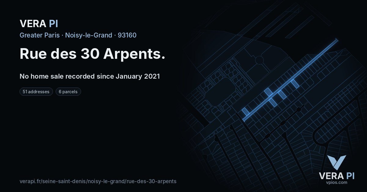 Rue des 30 Arpents, Noisy-le-Grand at night – every parcel coloured by the prices around it, the street's own parcels lit