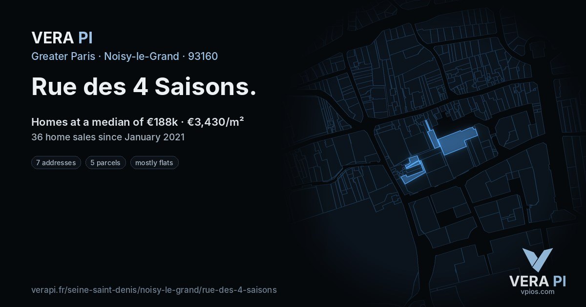 Rue des 4 Saisons, Noisy-le-Grand at night – every parcel coloured by the prices around it, the street's own parcels lit
