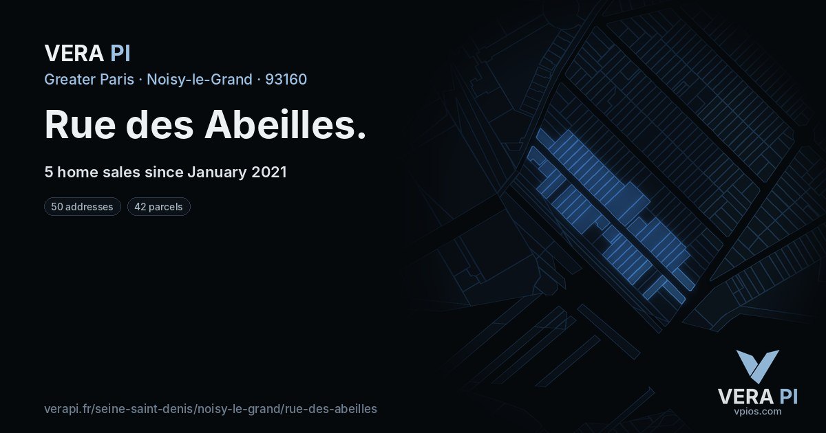 Rue des Abeilles, Noisy-le-Grand at night – every parcel coloured by the prices around it, the street's own parcels lit