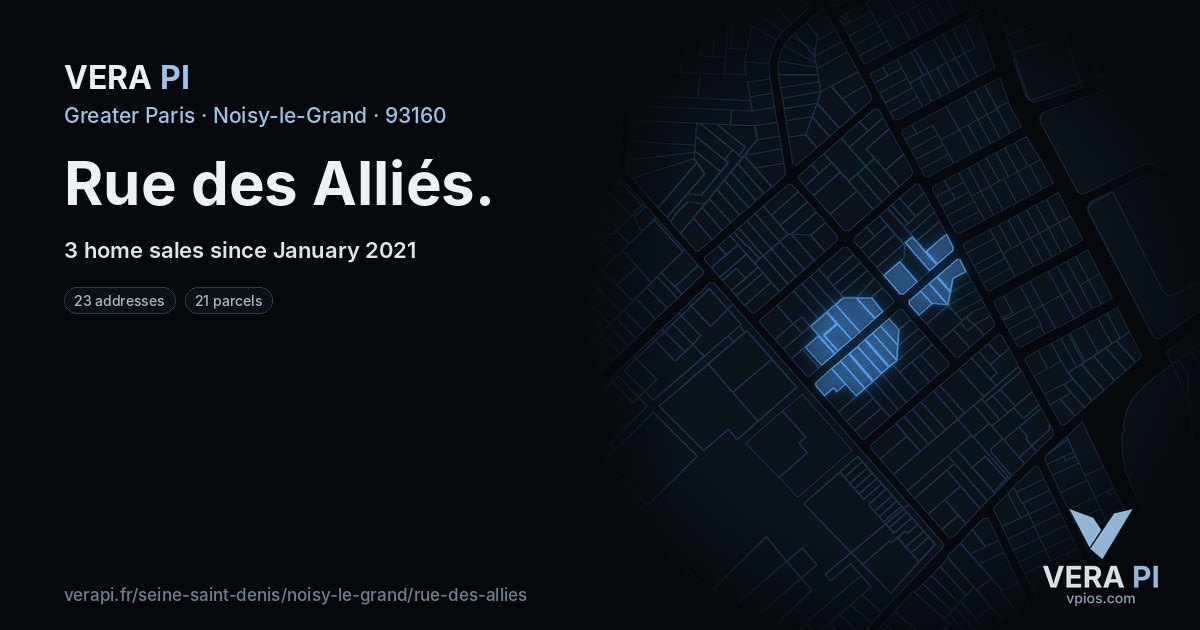 Rue des Alliés, Noisy-le-Grand at night – every parcel coloured by the prices around it, the street's own parcels lit