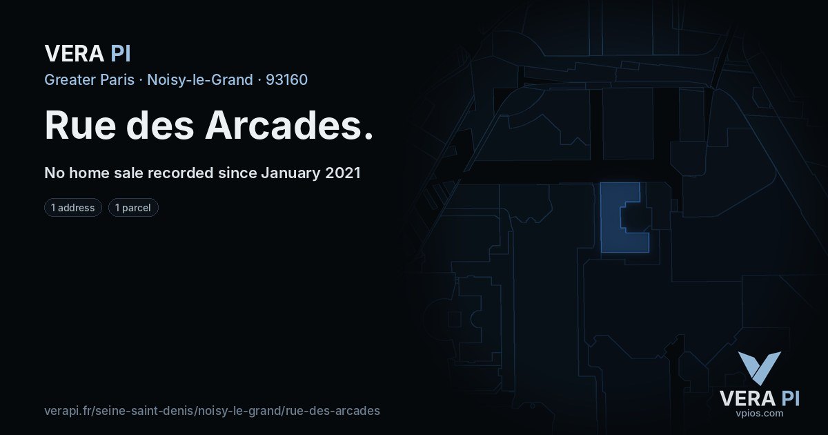 Rue des Arcades, Noisy-le-Grand at night – every parcel coloured by the prices around it, the street's own parcels lit