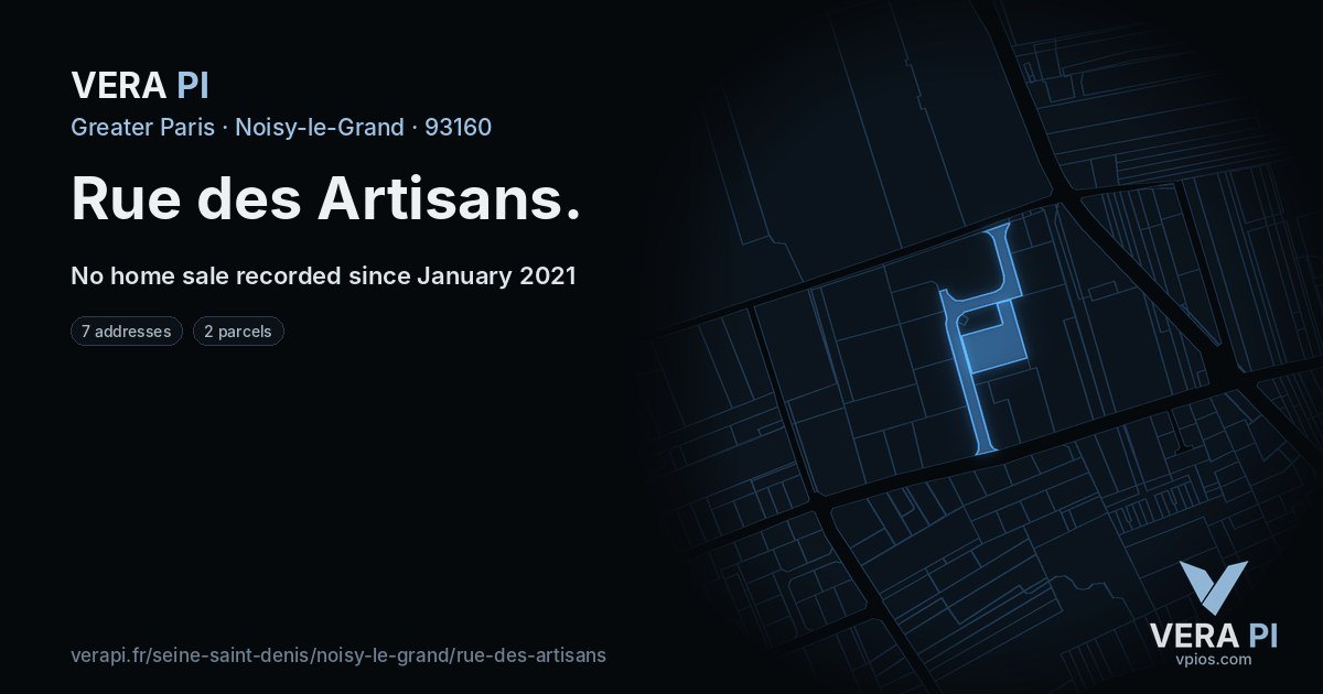 Rue des Artisans, Noisy-le-Grand at night – every parcel coloured by the prices around it, the street's own parcels lit