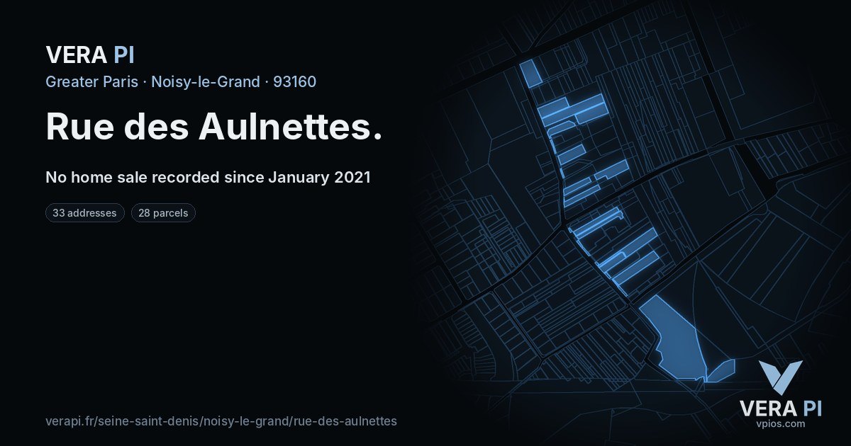 Rue des Aulnettes, Noisy-le-Grand at night – every parcel coloured by the prices around it, the street's own parcels lit