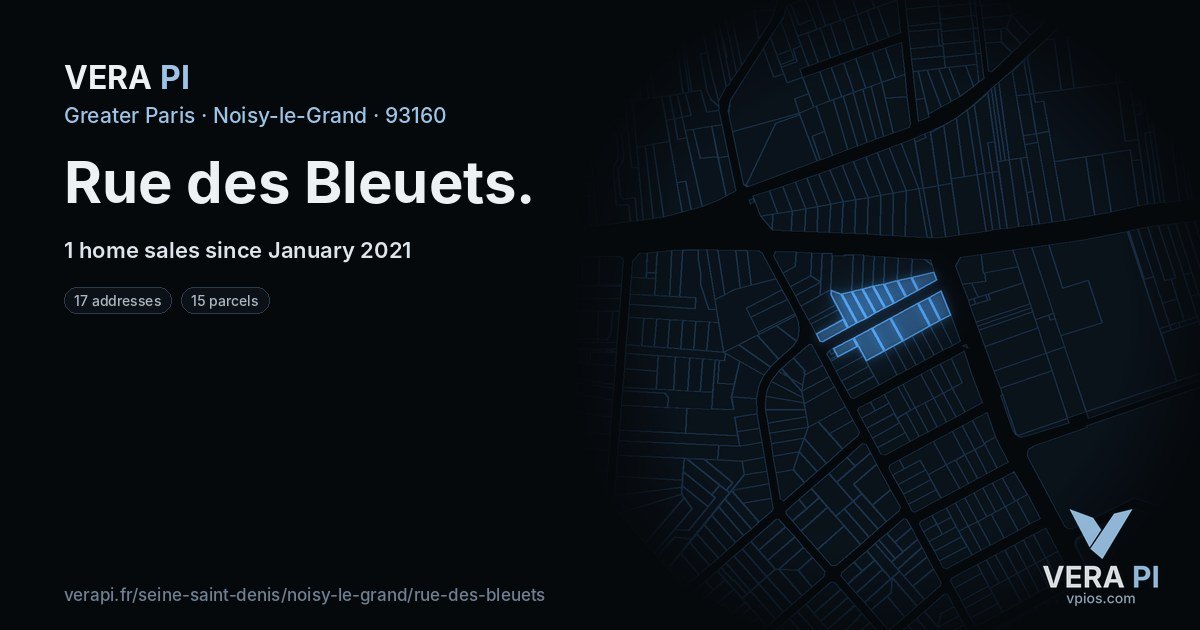 Rue des Bleuets, Noisy-le-Grand at night – every parcel coloured by the prices around it, the street's own parcels lit