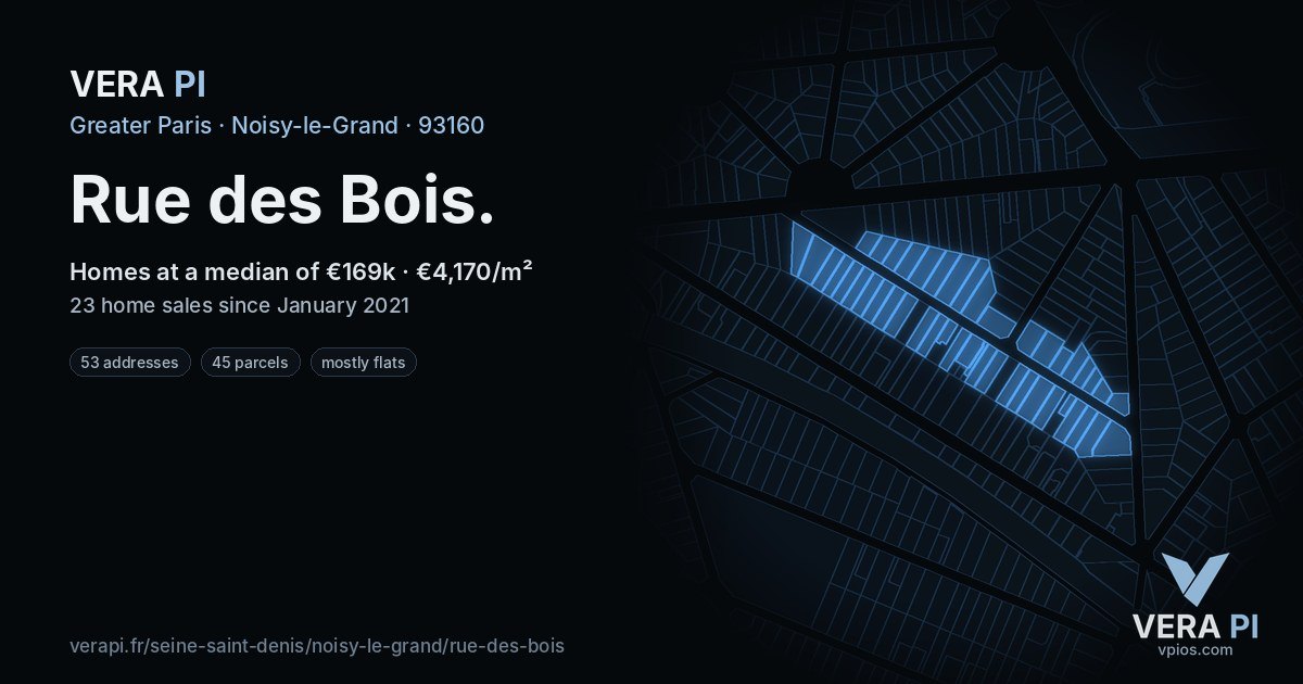 Rue des Bois, Noisy-le-Grand at night – every parcel coloured by the prices around it, the street's own parcels lit