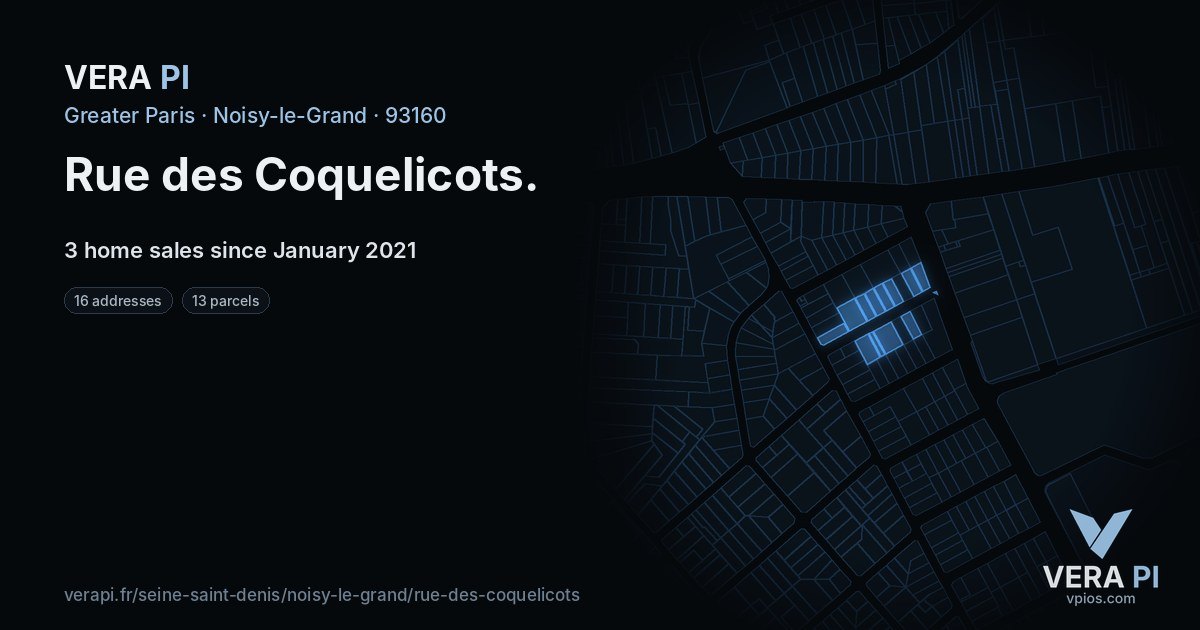Rue des Coquelicots, Noisy-le-Grand at night – every parcel coloured by the prices around it, the street's own parcels lit
