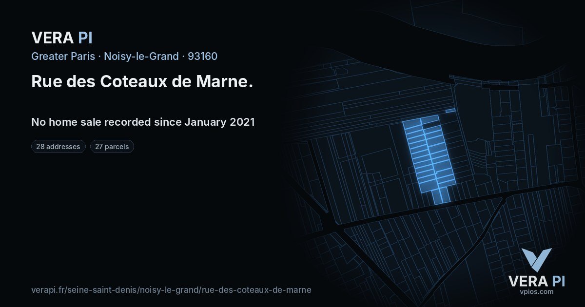 Rue des Coteaux de Marne, Noisy-le-Grand at night – every parcel coloured by the prices around it, the street's own parcels lit