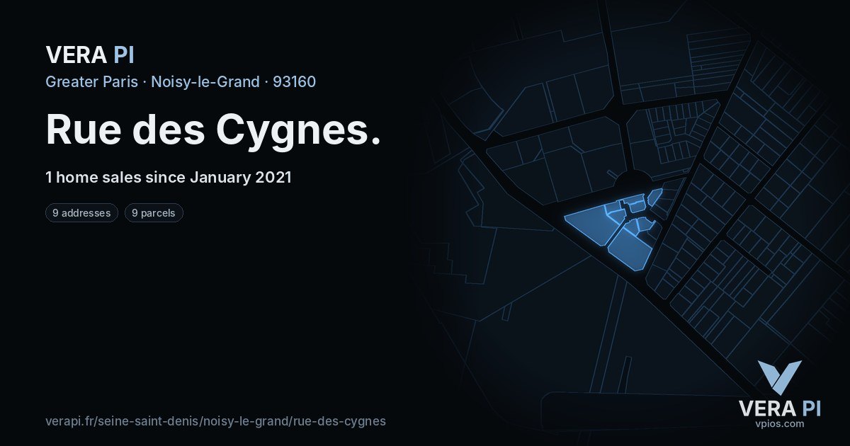 Rue des Cygnes, Noisy-le-Grand at night – every parcel coloured by the prices around it, the street's own parcels lit
