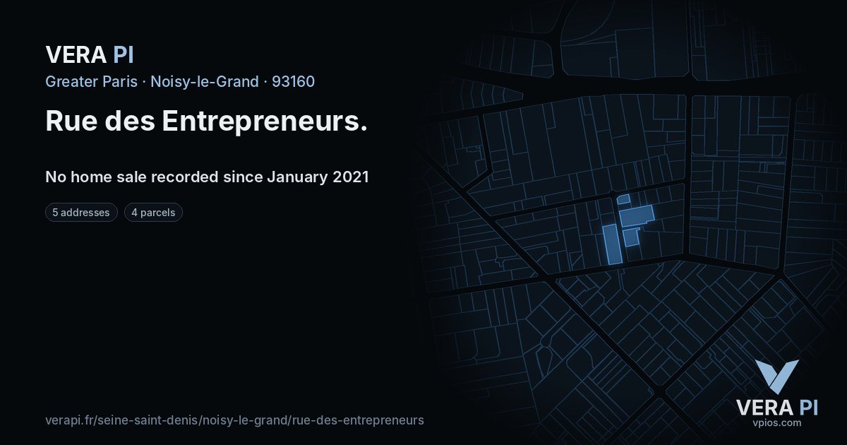 Rue des Entrepreneurs, Noisy-le-Grand at night – every parcel coloured by the prices around it, the street's own parcels lit