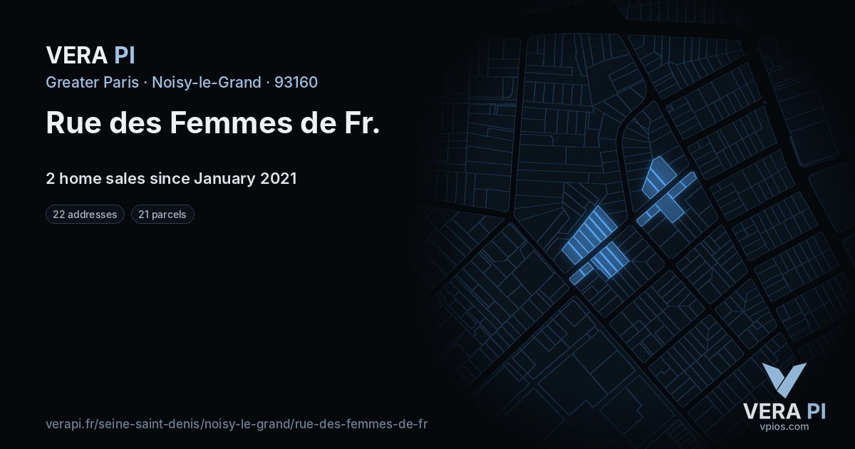 Rue des Femmes de Fr, Noisy-le-Grand at night – every parcel coloured by the prices around it, the street's own parcels lit