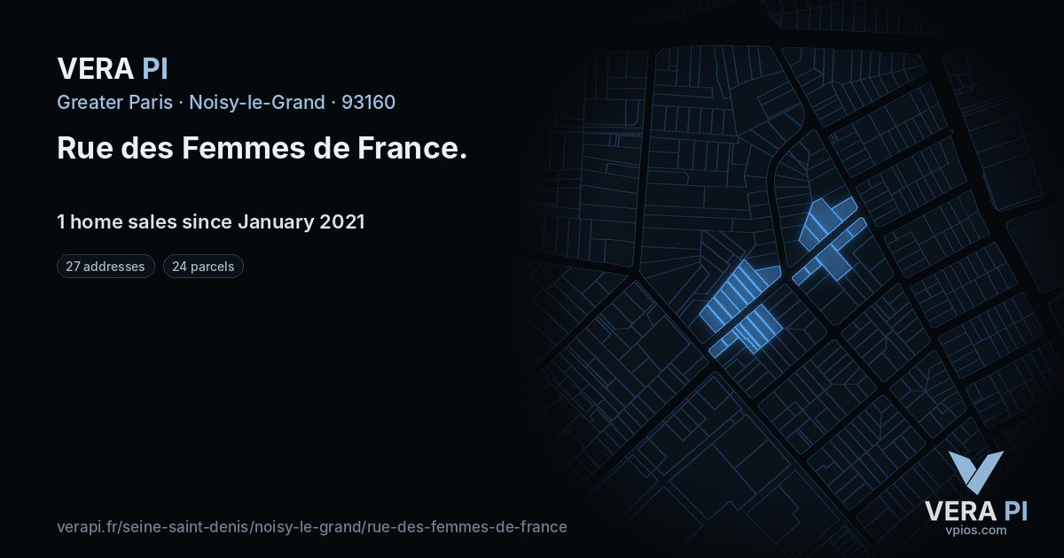 Rue des Femmes de France, Noisy-le-Grand at night – every parcel coloured by the prices around it, the street's own parcels lit