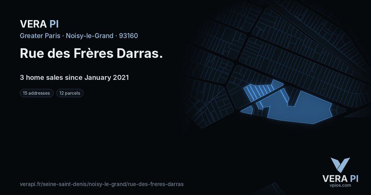 Rue des Frères Darras, Noisy-le-Grand at night – every parcel coloured by the prices around it, the street's own parcels lit