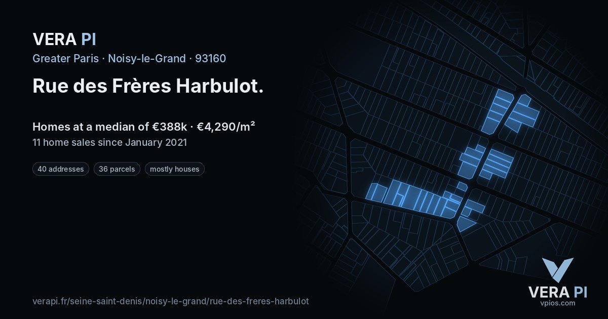 Rue des Frères Harbulot, Noisy-le-Grand at night – every parcel coloured by the prices around it, the street's own parcels lit