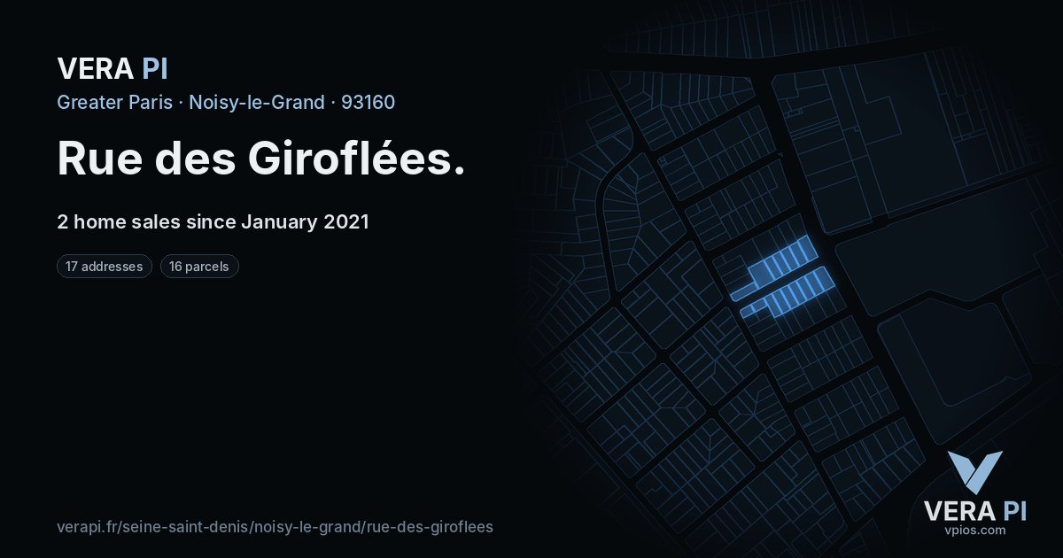 Rue des Giroflées, Noisy-le-Grand at night – every parcel coloured by the prices around it, the street's own parcels lit
