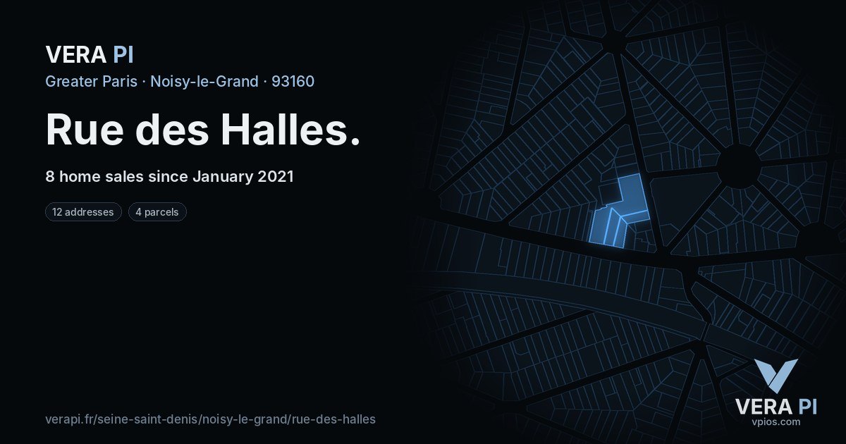 Rue des Halles, Noisy-le-Grand at night – every parcel coloured by the prices around it, the street's own parcels lit