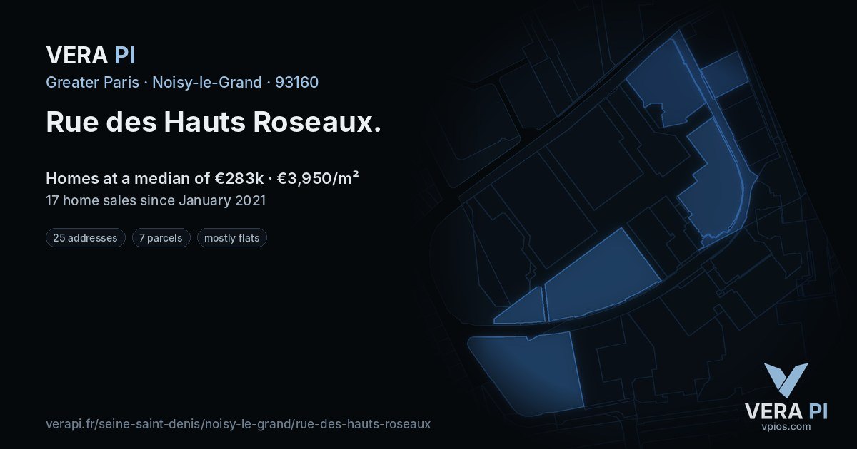 Rue des Hauts Roseaux, Noisy-le-Grand at night – every parcel coloured by the prices around it, the street's own parcels lit