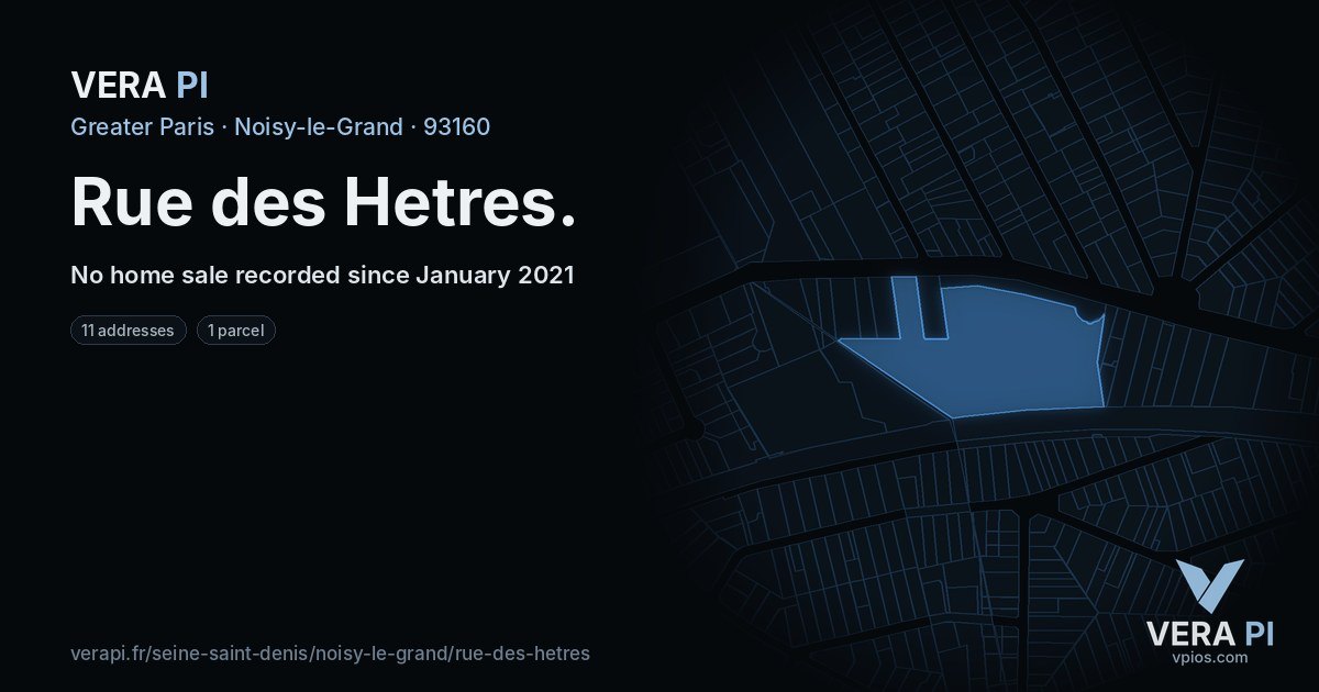 Rue des Hetres, Noisy-le-Grand at night – every parcel coloured by the prices around it, the street's own parcels lit
