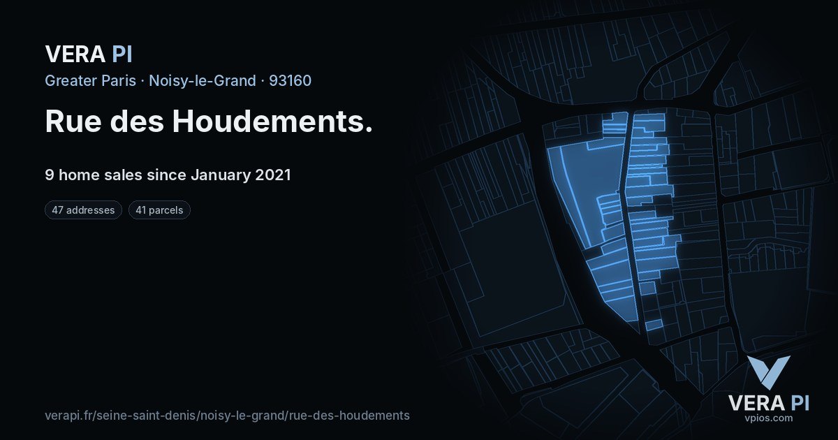Rue des Houdements, Noisy-le-Grand at night – every parcel coloured by the prices around it, the street's own parcels lit