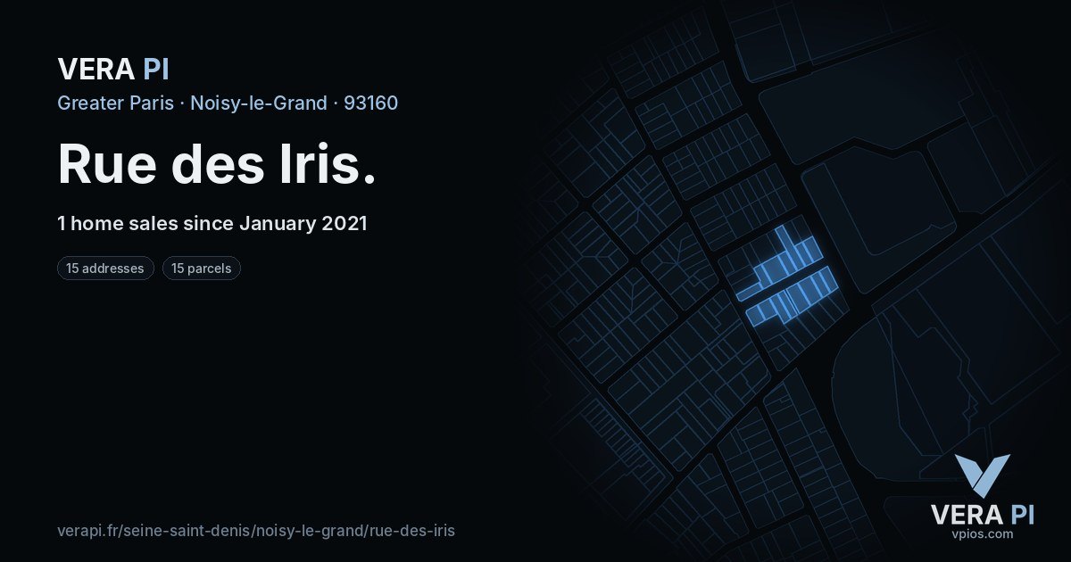 Rue des Iris, Noisy-le-Grand at night – every parcel coloured by the prices around it, the street's own parcels lit