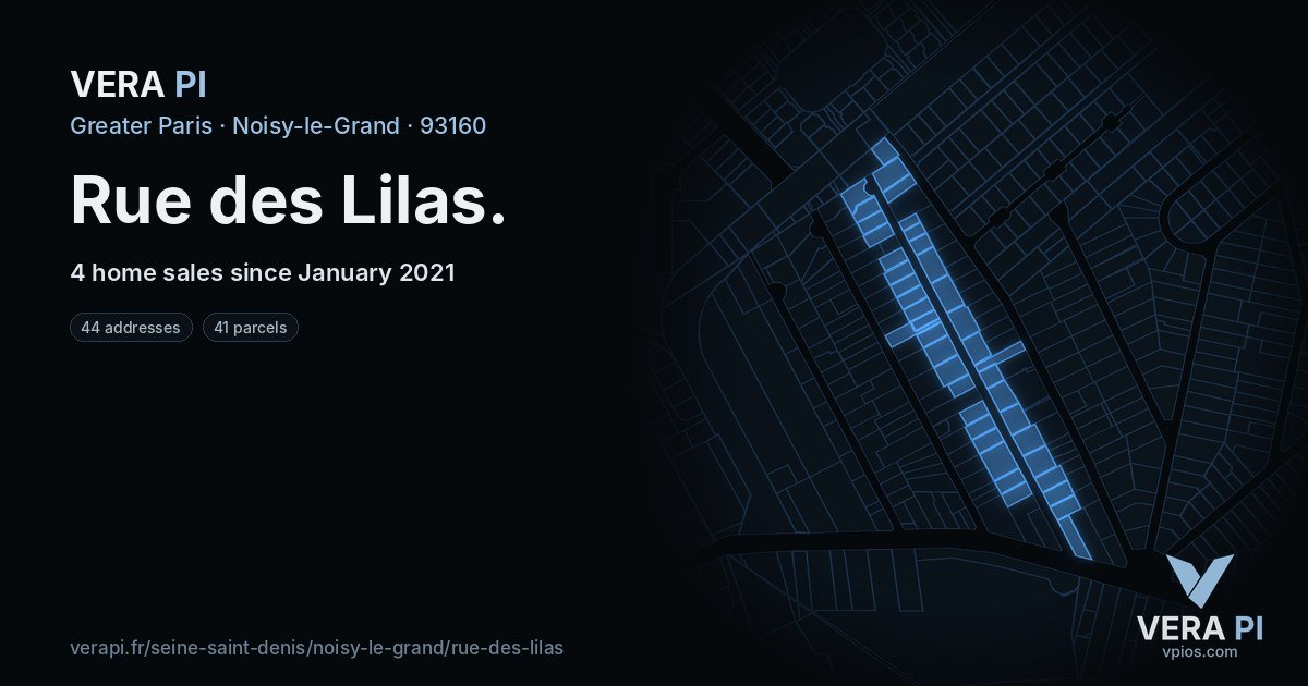 Rue des Lilas, Noisy-le-Grand at night – every parcel coloured by the prices around it, the street's own parcels lit