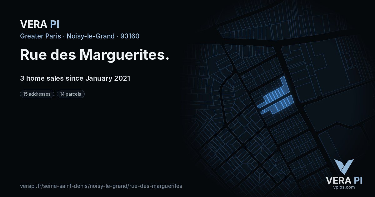 Rue des Marguerites, Noisy-le-Grand at night – every parcel coloured by the prices around it, the street's own parcels lit