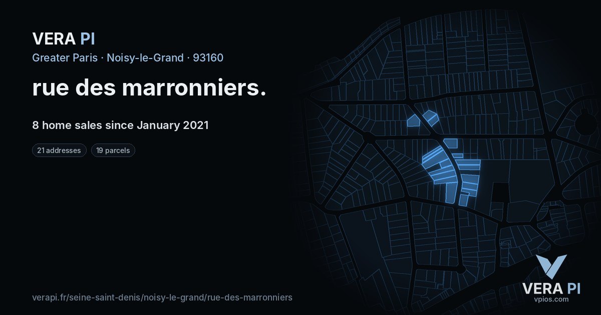 rue des marronniers, Noisy-le-Grand at night – every parcel coloured by the prices around it, the street's own parcels lit