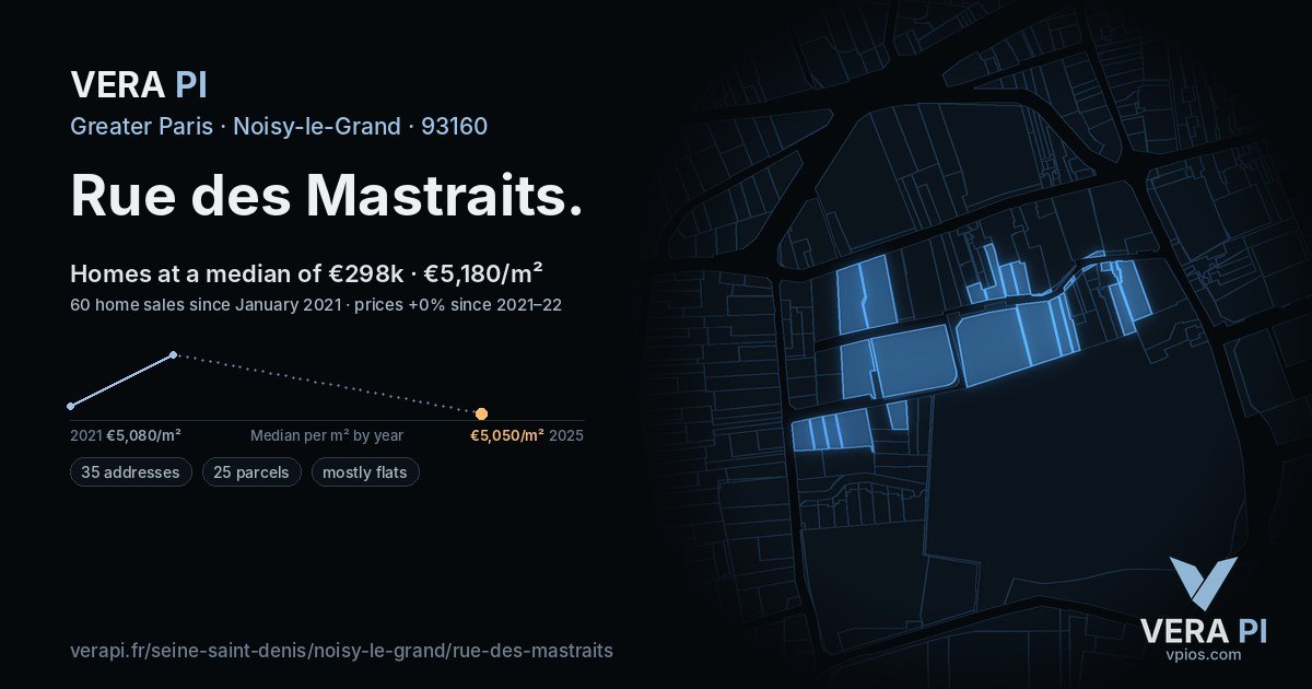Rue des Mastraits, Noisy-le-Grand at night – every parcel coloured by the prices around it, the street's own parcels lit