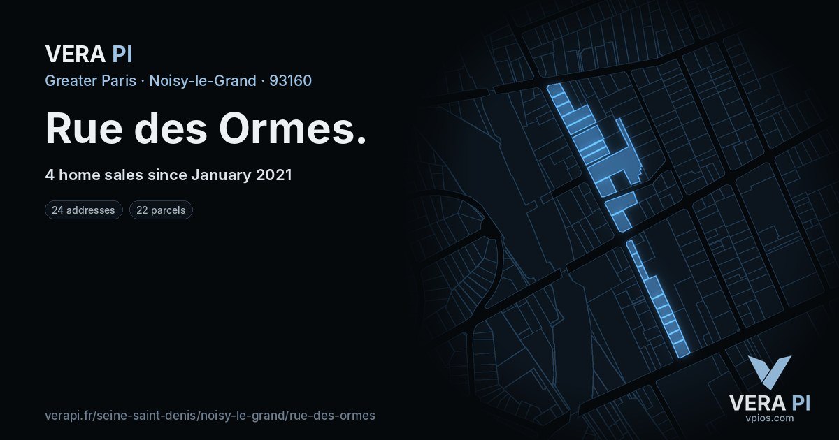 Rue des Ormes, Noisy-le-Grand at night – every parcel coloured by the prices around it, the street's own parcels lit