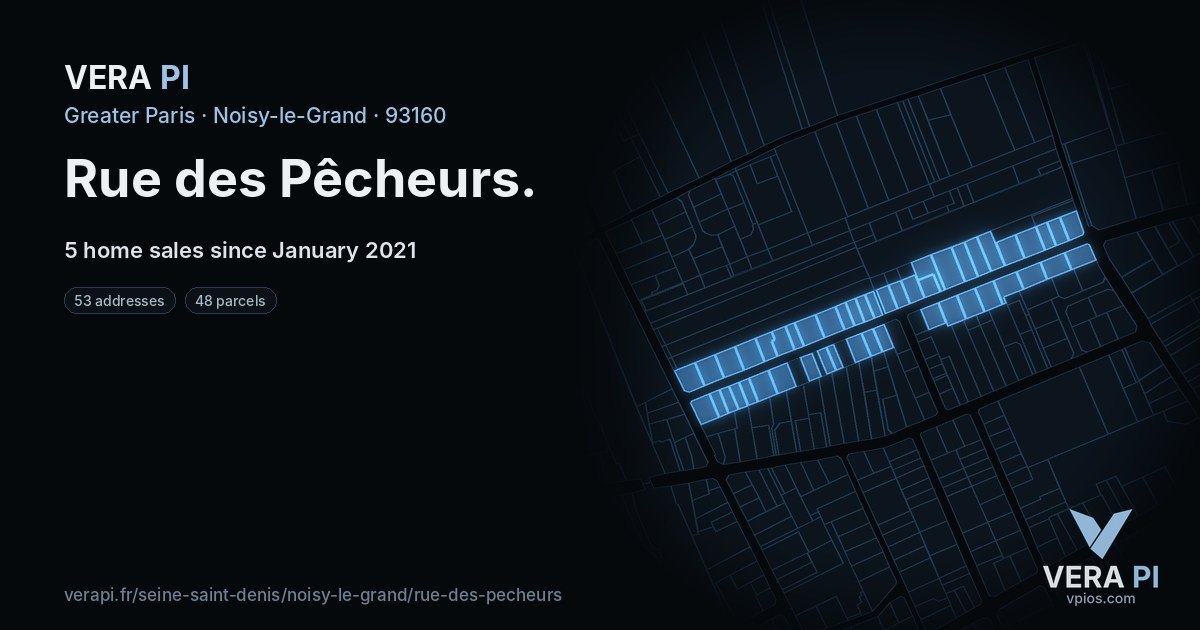 Rue des Pêcheurs, Noisy-le-Grand at night – every parcel coloured by the prices around it, the street's own parcels lit