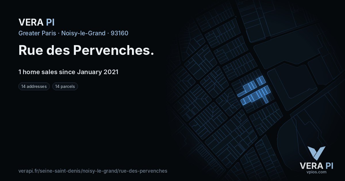 Rue des Pervenches, Noisy-le-Grand at night – every parcel coloured by the prices around it, the street's own parcels lit