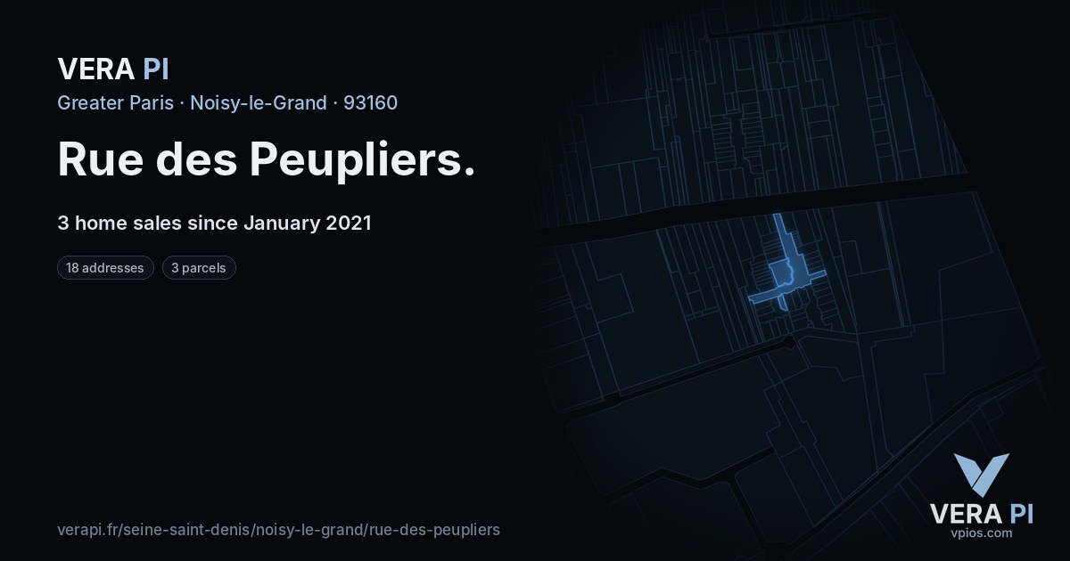 Rue des Peupliers, Noisy-le-Grand at night – every parcel coloured by the prices around it, the street's own parcels lit