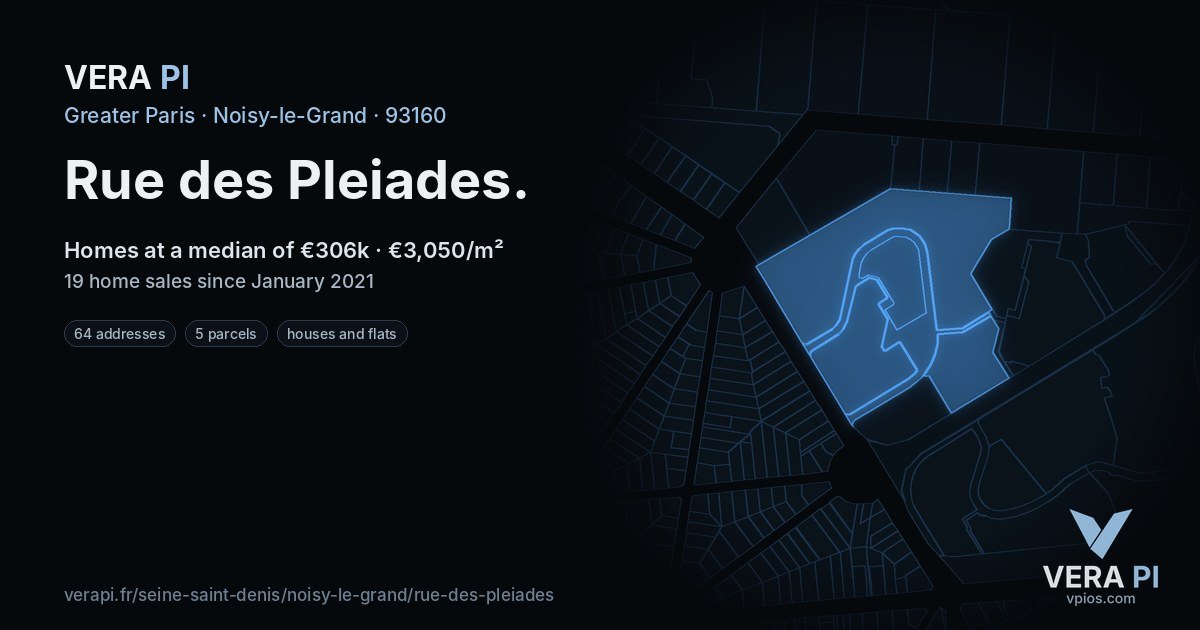 Rue des Pleiades, Noisy-le-Grand at night – every parcel coloured by the prices around it, the street's own parcels lit