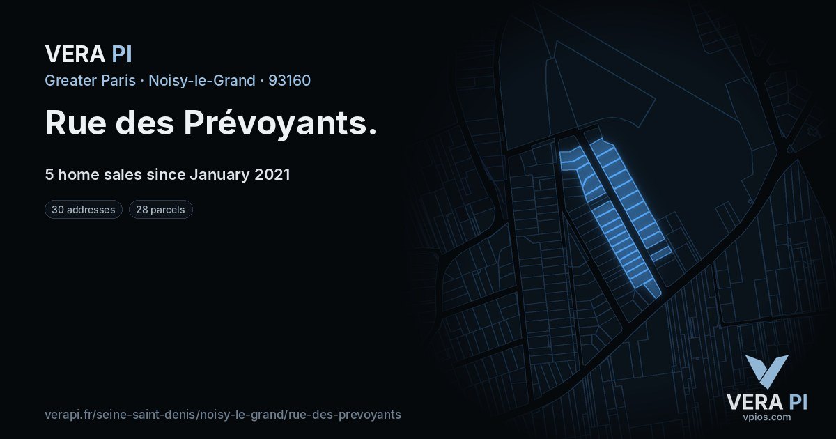 Rue des Prévoyants, Noisy-le-Grand at night – every parcel coloured by the prices around it, the street's own parcels lit