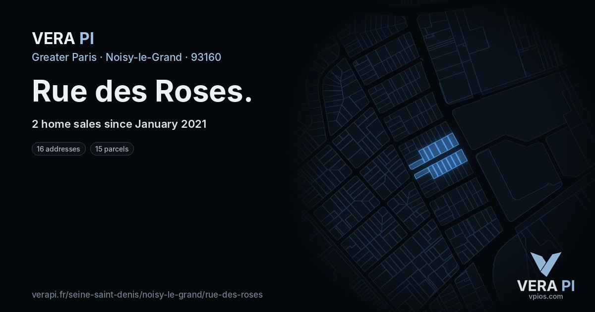 Rue des Roses, Noisy-le-Grand at night – every parcel coloured by the prices around it, the street's own parcels lit