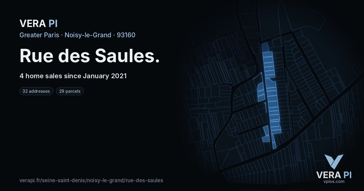 Rue des Saules, Noisy-le-Grand at night – every parcel coloured by the prices around it, the street's own parcels lit