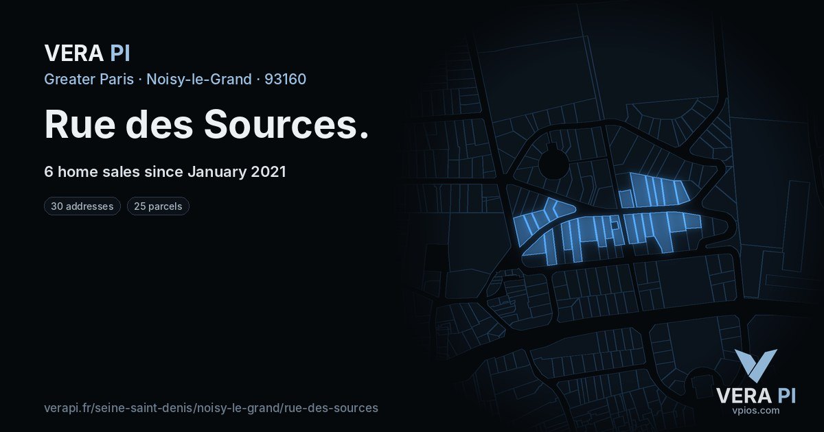 Rue des Sources, Noisy-le-Grand at night – every parcel coloured by the prices around it, the street's own parcels lit