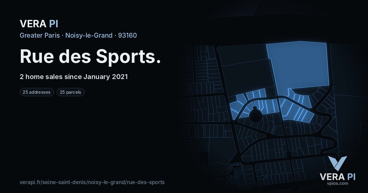 Rue des Sports, Noisy-le-Grand at night – every parcel coloured by the prices around it, the street's own parcels lit