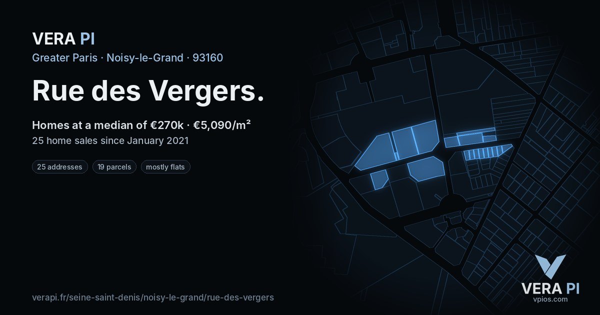 Rue des Vergers, Noisy-le-Grand at night – every parcel coloured by the prices around it, the street's own parcels lit