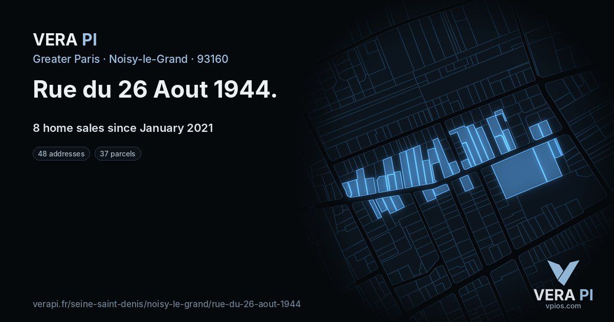 Rue du 26 Aout 1944, Noisy-le-Grand at night – every parcel coloured by the prices around it, the street's own parcels lit