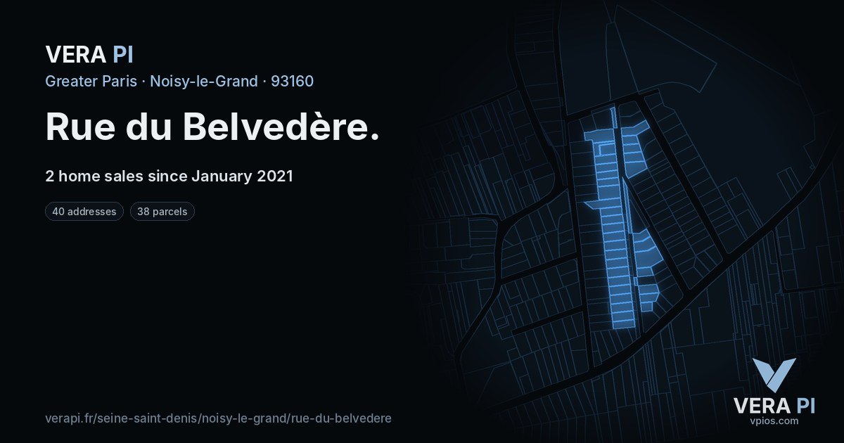 Rue du Belvedère, Noisy-le-Grand at night – every parcel coloured by the prices around it, the street's own parcels lit
