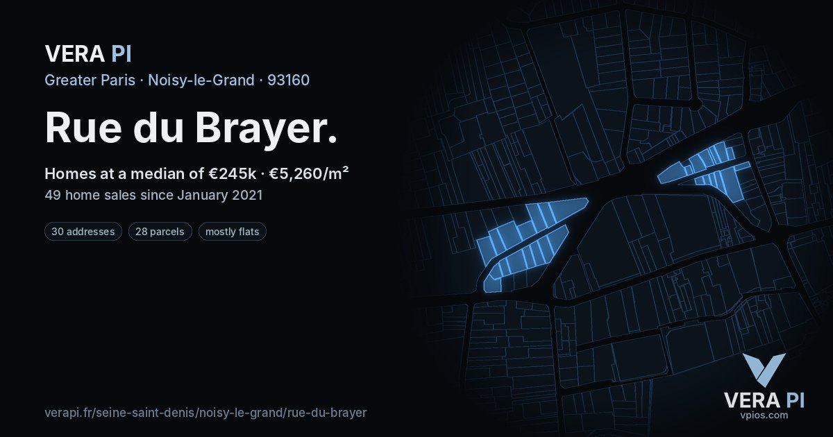 Rue du Brayer, Noisy-le-Grand at night – every parcel coloured by the prices around it, the street's own parcels lit