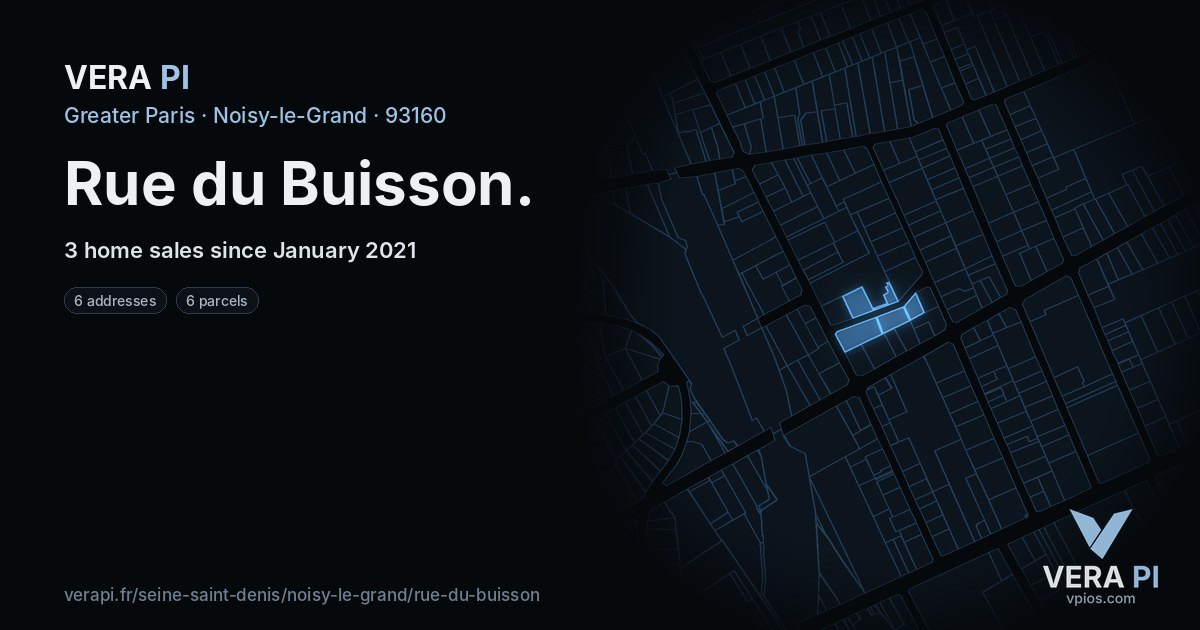 Rue du Buisson, Noisy-le-Grand at night – every parcel coloured by the prices around it, the street's own parcels lit