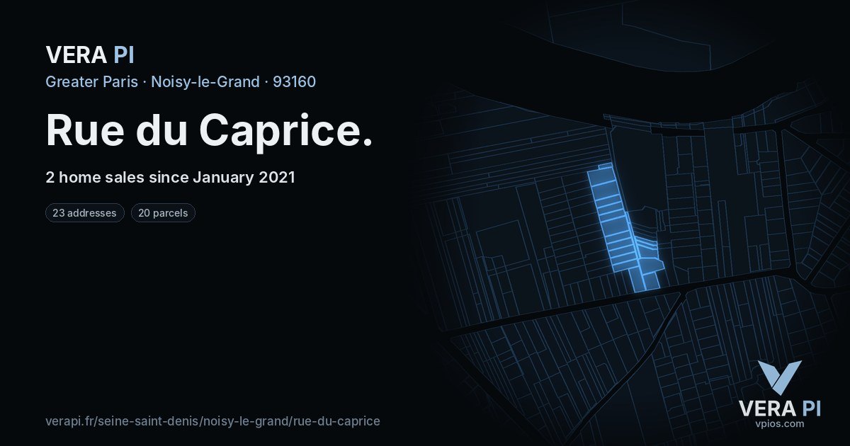 Rue du Caprice, Noisy-le-Grand at night – every parcel coloured by the prices around it, the street's own parcels lit