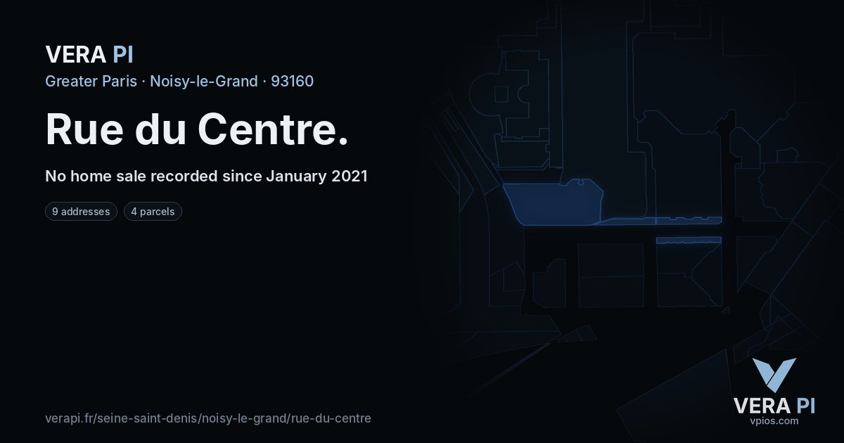 Rue du Centre, Noisy-le-Grand at night – every parcel coloured by the prices around it, the street's own parcels lit
