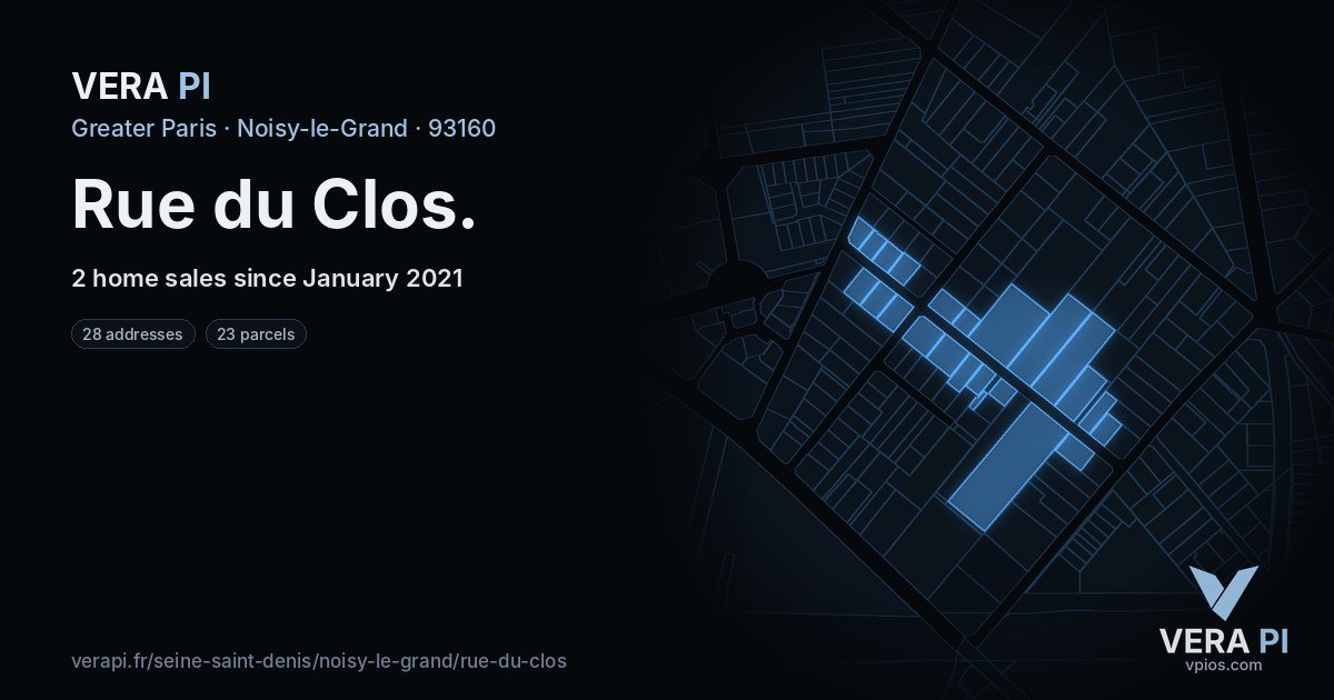 Rue du Clos, Noisy-le-Grand at night – every parcel coloured by the prices around it, the street's own parcels lit