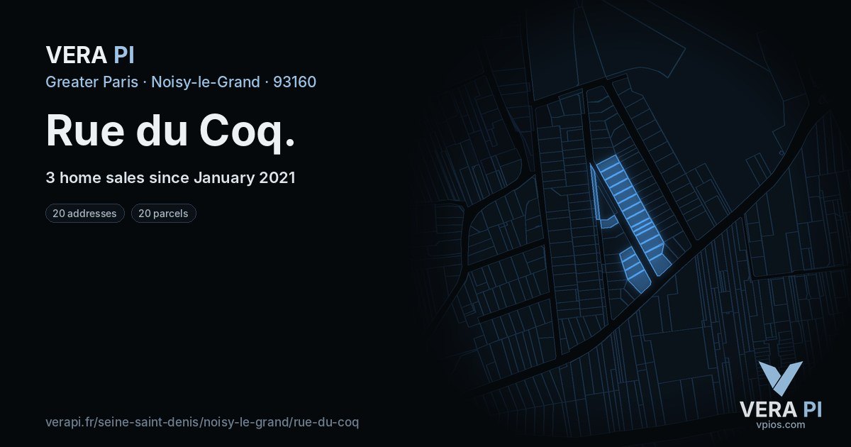 Rue du Coq, Noisy-le-Grand at night – every parcel coloured by the prices around it, the street's own parcels lit