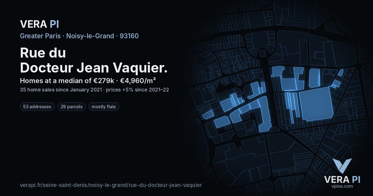 Rue du Docteur Jean Vaquier, Noisy-le-Grand at night – every parcel coloured by the prices around it, the street's own parcels lit