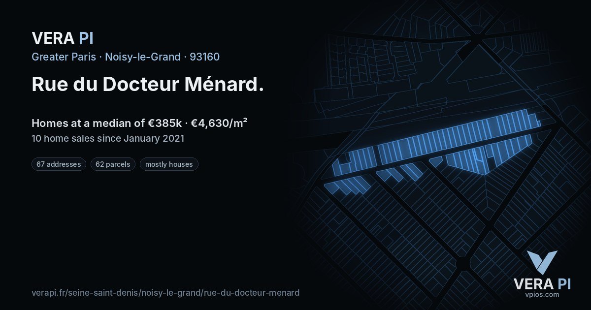 Rue du Docteur Ménard, Noisy-le-Grand at night – every parcel coloured by the prices around it, the street's own parcels lit