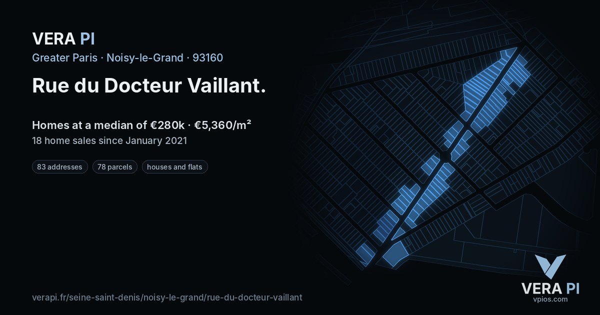 Rue du Docteur Vaillant, Noisy-le-Grand at night – every parcel coloured by the prices around it, the street's own parcels lit