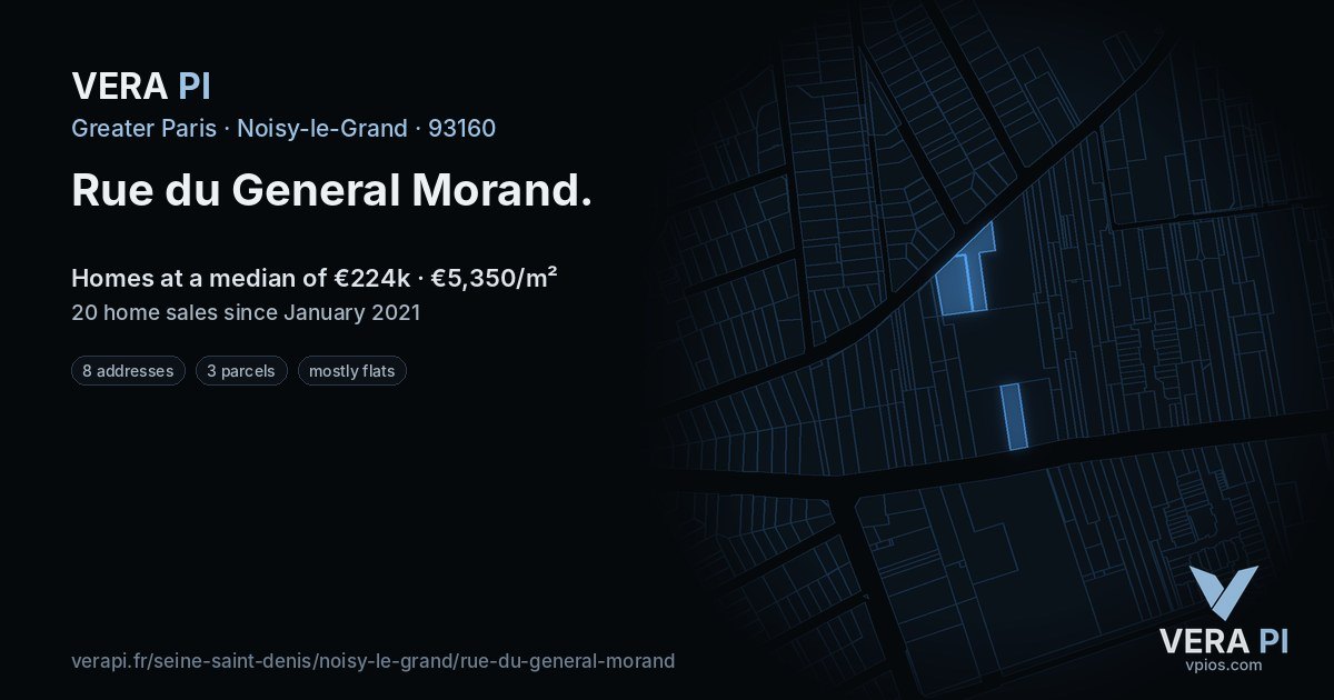Rue du General Morand, Noisy-le-Grand at night – every parcel coloured by the prices around it, the street's own parcels lit